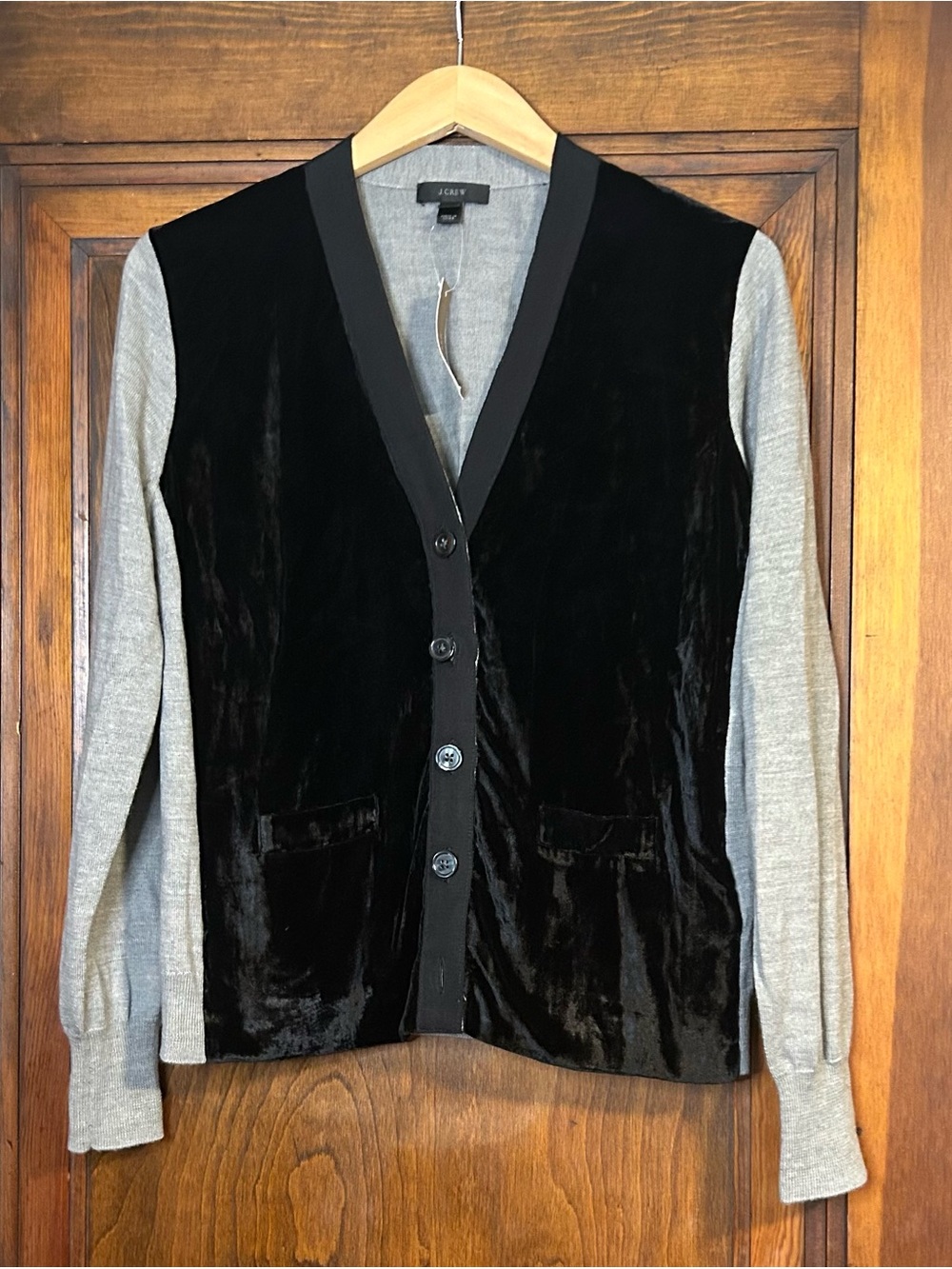 J Crew Velvet Front Merino Wool Blend Cardigan Gray Black Size M NWT